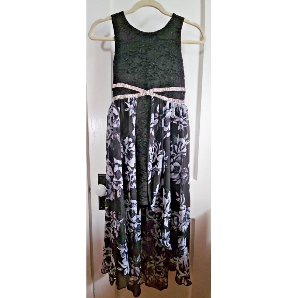 Speechless Girls'‎ Size 12 Sleeveless embellished metallic Dress Black floral